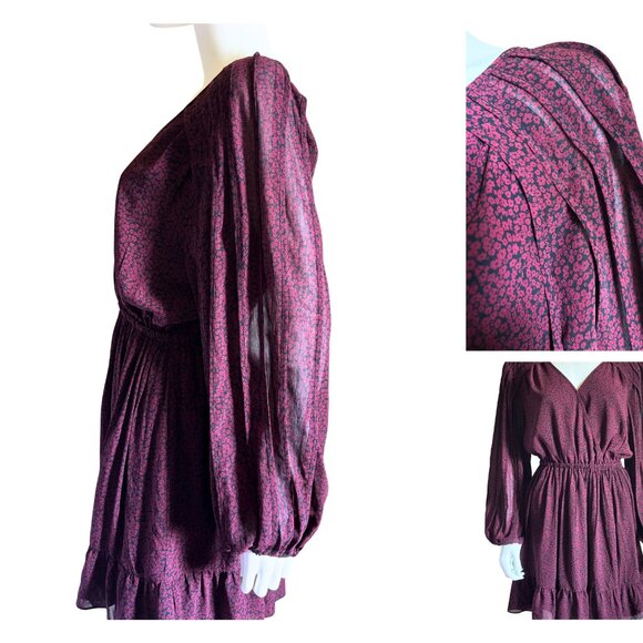 Madewell N1690 Wine Micro-Floral Long Sleeve Ruffle Mini Dress | Size L | NWT - Picture 2 of 4